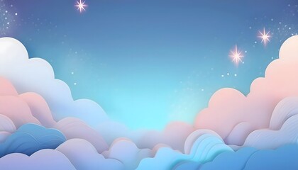 The sky background is filled with pastel fluffy clouds in a paper layer format.