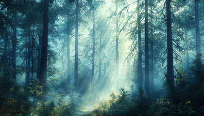 Obraz premium Tall, misty trees with sunlight streaming through the branches, creating a magical and mysterious forest atmosphere