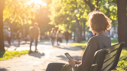 Woman Sitting on Park Bench Checking Phone in Sunny Park