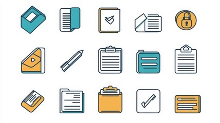 Document thin line icon set. Containing file folder, document with chart, envelope with document, signed contract, scanned document, clipboard with checklist