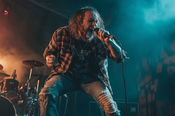 Raccoon Grunge Band Member on Stage with a Microphone, Delivering Raw and Powerful Vocals