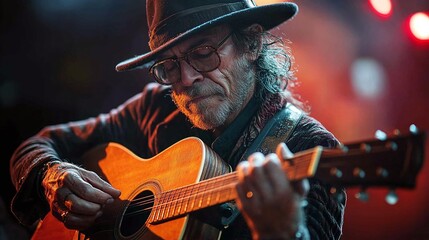 Obraz premium guitarist strumming an acoustic guitar in a live stage performance showcasing the skills of a famous guitar player under the spotlight as the audience enjoys the musical talent and artistry