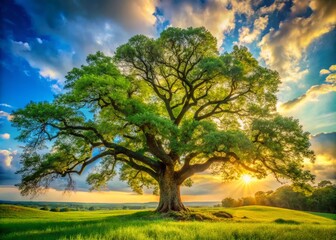 Fototapeta premium Majestic Angle Oak Tree Surrounded by Lush Greenery in a Peaceful Natural Landscape Scene