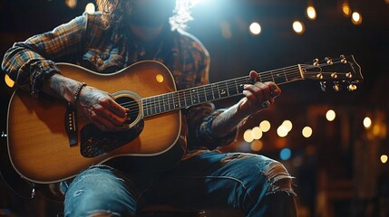 Obraz premium guitarist strumming an acoustic guitar in a live stage performance showcasing the skills of a famous guitar player under the spotlight as the audience enjoys the musical talent and artistry