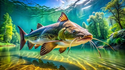 Majestic Big Catfish Swimming Gracefully in Clear Water, Showcasing Unique Features and Colors