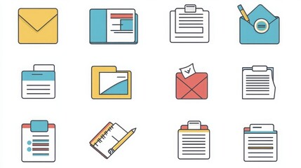 Document thin line icon set. Containing file folder, document with chart, envelope with document, signed contract, scanned document, clipboard with checklist