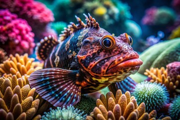 Majestic Black Scorpionfish Camouflaged Among Vibrant Coral in Crystal Clear Ocean Waters