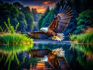 Obraz premium Majestic Fish Eagle in Flight Over Water with Stunning Reflections and Lush Greenery Surrounding It