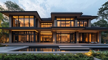 Obraz premium front view of a luxury modern asian style villa with evening light casting a beautiful glow over the symmetrical design elegant architecture and serene facade creating a stylish and peaceful home