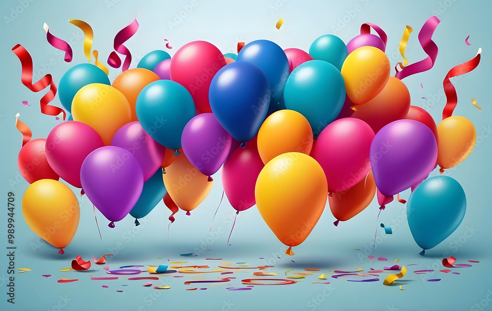 Fototapete A bunch of colourful balloons with dynamic flying confetti on a gradient background