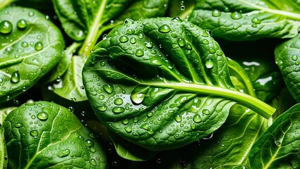 Fototapeta premium Fresh spinach with crisp water droplets closeup
