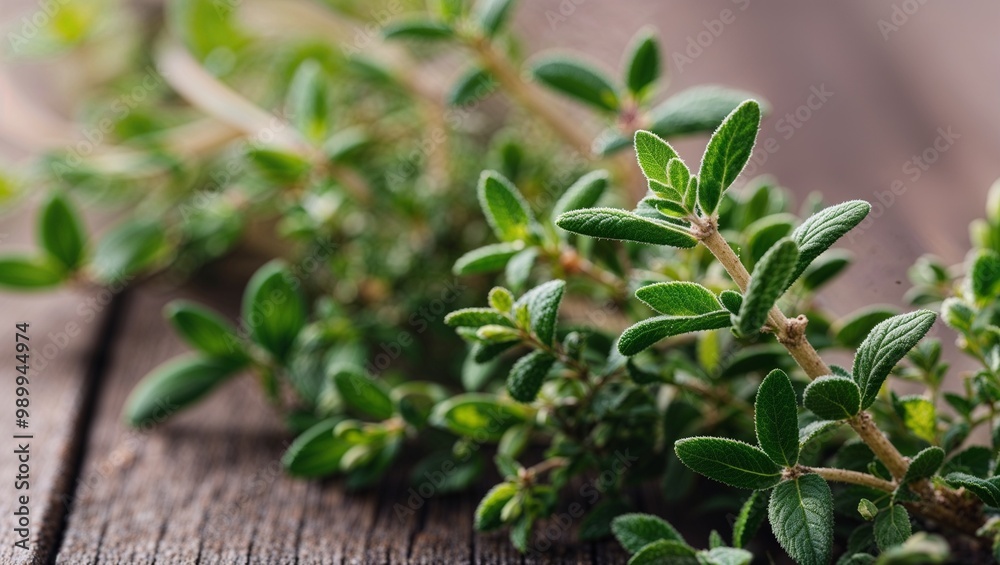 Poster Fresh thyme sprigs with tiny green leaves closeup