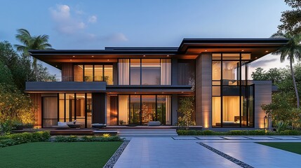 Fototapeta premium asian style villa with modern architecture and beautiful symmetry front view in the evening light showcasing the elegance and luxury of the home with contemporary design and peaceful ambiance