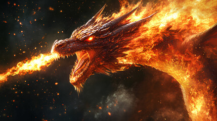 Naklejka premium A fierce dragon breathing fire, set against a dark, smoky background.