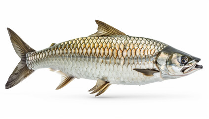 A realistic, full-body silver tarpon fish with a white background.