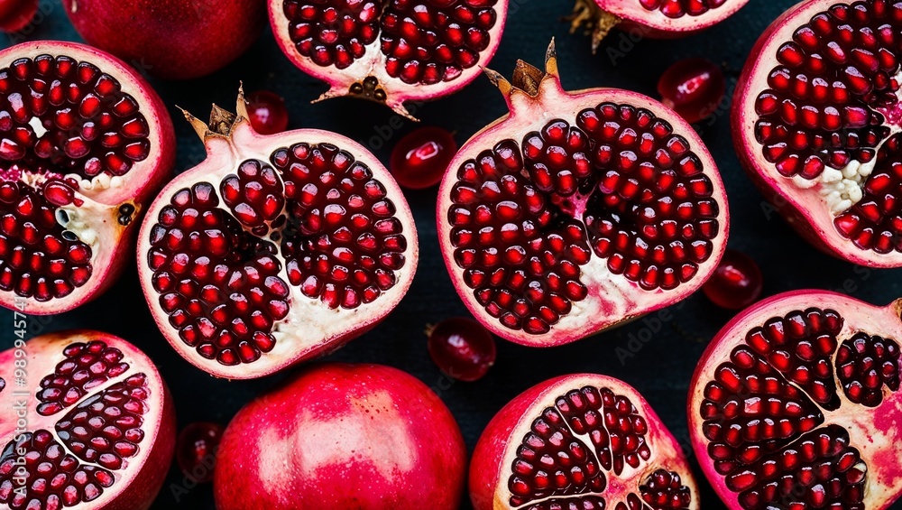 Canvas Prints Halved pomegranates with juicy red seeds closeup