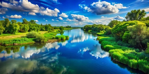 Naklejka premium Majestic River Delta Landscape with Lush Greenery and Serene Waters Under a Clear Blue Sky