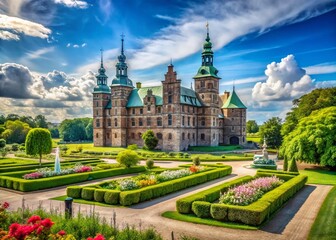 Obraz premium Majestic Rosenborg Castle Surrounded by Lush Green Gardens in Copenhagen, Denmark on a Sunny Day