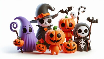 Fototapeta premium A group of cute Halloween characters including a witch, ghost, pumpkin, grim reaper and bat. The characters are all smiling and friendly, making them perfect for a festive and fun Halloween celebratio