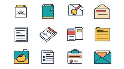 Document thin line icon set. Containing signed contract, document with graph, file folder , document with attachment, envelope