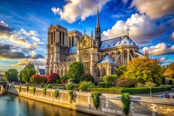 Fototapeta premium Majestic View of Historic Notre Dame Cathedral in Paris Surrounded by Beautiful Blue Skies