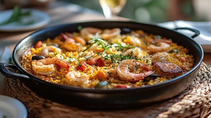 valencian specialty spanish paella rice dish served on a table filled with mediterranean flavors and traditional spanish cuisine highlighting spain's cultural dining and rich culinary heritage