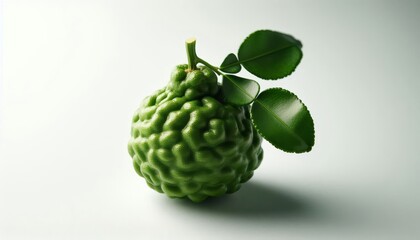 Fototapeta premium A single kaffir lime with green leaves, symbolizing freshness, citrus, zest, aroma, and natural ingredients.