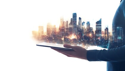 Hands Holding Tablet with Futuristic Smart City Data Flow for Business Strategy