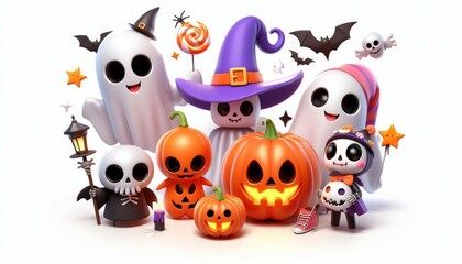 Obraz premium Adorable 3D cartoon characters celebrating Halloween with ghosts, pumpkins, bats, and candy. Perfect for seasonal decorations, social media, and Halloween parties.