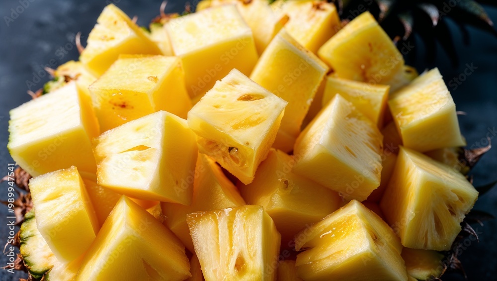 Sticker Sliced pineapple chunks with golden flesh closeup