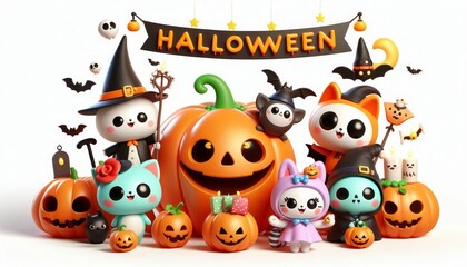 Fototapeta premium Cute Halloween characters, including a pumpkin, bats, and a witch, all dressed up in costumes and celebrating the holiday. The image represents fun, festivity, and the joy of Halloween.