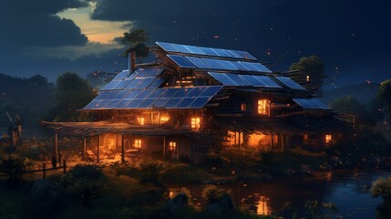 Obraz premium A house with a lot of windows and a roof made of solar panels