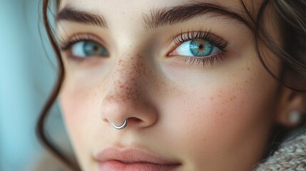 Fototapeta premium young woman nose with nose piercing closeup showing modern style and fashion, chic jewelry for an urban edgy look, highlighting her beauty and body art in the latest piercing trends