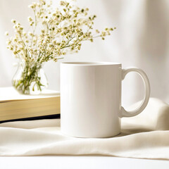 White mug mockup on white cloth