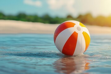 Close-up of a beach ball being gently carried by the waves, soft reflections of sunlight on the water, symbolizing carefree summer fun by the sea