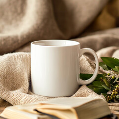 Coffee mug and book on a blanket