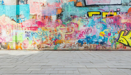 Naklejka premium A graffiti-covered urban wall, showcasing vibrant colors, bold lines, and an edgy, artistic vibe