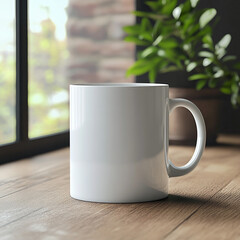 A white mug on a wooden table near
