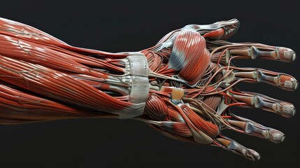 Comprehensive 360-degree depiction of hand anatomy, emphasizing the intricate relationships between intrinsic and extrinsic muscles, tendons, and ligaments