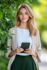 Fototapeta premium Smiling woman holds smartphone outdoors
