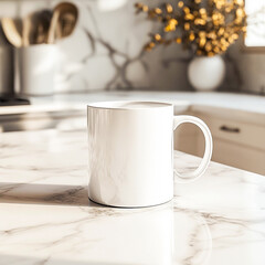 A white coffee mug on a marble counter