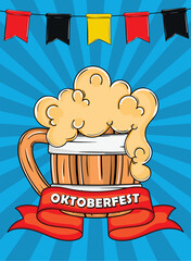 Oktoberfest beer mug with red ribbon and German flags, Vector