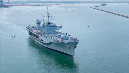 Nuclear war ship, Navy ship, Military navy carrier Helicopter. nuclear carrier running in the ocean.