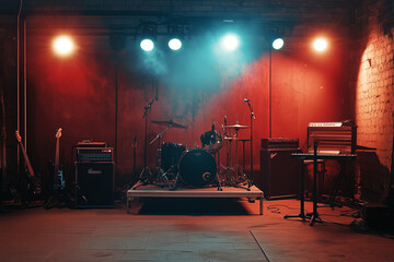 Wide Rock Stage with Instruments Arranged, Ready for the Band to Take the Stage: Anticipation Builds