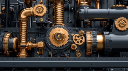 Obraz premium A close-up of steampunk machinery featuring intricate golden gears and pipes against a dark background, showcasing mechanical artistry.