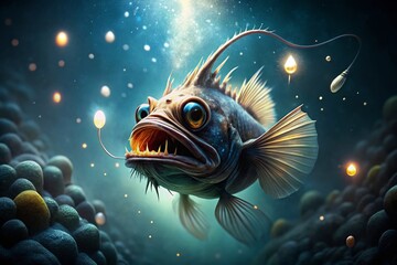 Fototapeta premium Mysterious Angler Fish Glowing in Dark Ocean Waters with Luminous Lure and Unique Features Displayed
