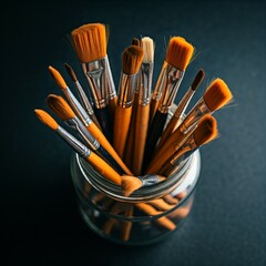 Multiple watercolor brushes placed in a glass jar, viewed from above.
