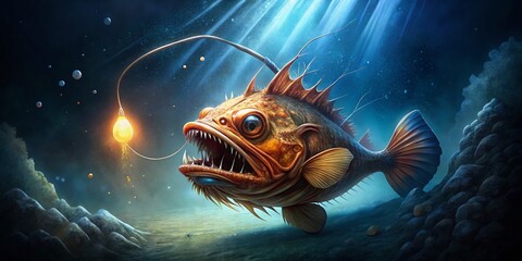 Mysterious Anglerfish Gliding Through Deep Ocean Waters with Luminous Lure and Unique Features