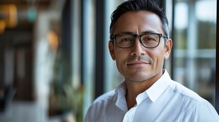 Fototapeta premium professional portrait of a 45-year-old Native American man with a formal slick hairstyle and glasses in a contemporary office setting capturing his individuality