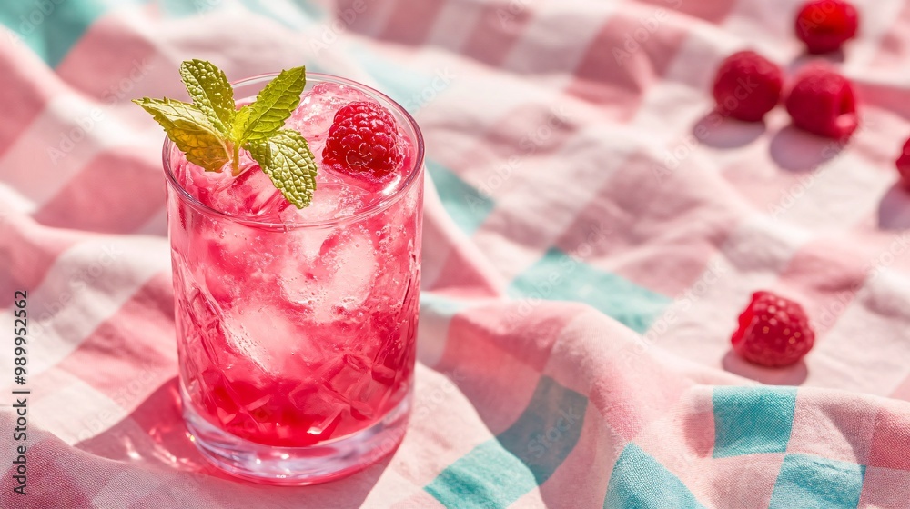 Sticker Refreshing pink drink with ice, mint leaves, and raspberries on a checkered pink and blue picnic blanket.